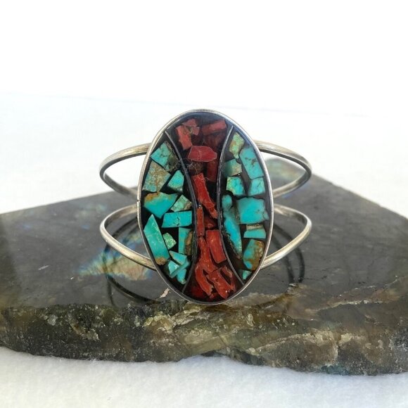VTG Sterling Silver 925 Southwest Oval Crushed Turquoise Coral Cuff Bracelet - Picture 12 of 16